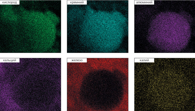 Рис. 5. Распределение химических элементов в сферическом зерне.