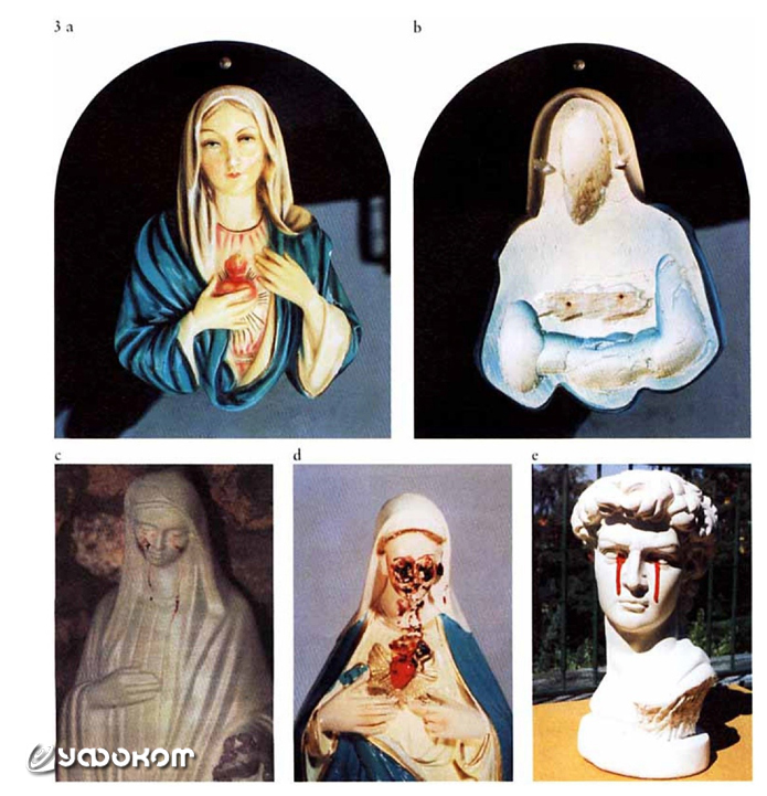 Рис. 3. «Кровоточащие» итальянские статуи из г. Сиракузы (а, b), г. Чивитавеккья (с), Ассемини (d), аналог, сделанный Л. Гарлашелли в лаборатории Павийского университета (e) [6].