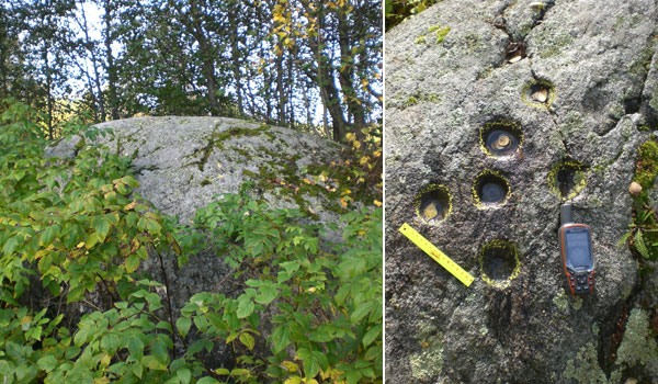 Рис. 10. Камень «Ольховка-16» и 7 чашевидных выемок на его верхней части (фото В. Акулов, 2012).