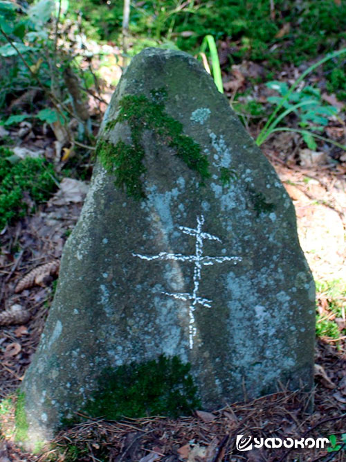 Рис. 3. Надмогильный камень с восьмиконечным православным крестом в Заозерье. Фото А. Супиталева.