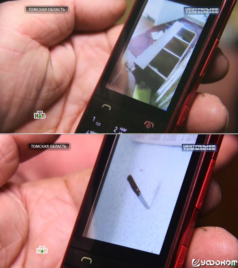 Последствия погрома в доме Жуковых, запечатлённые на фотокамеру мобильника Александра Жукова (скриншоты из репортажа программы «Центральное телевидение»).