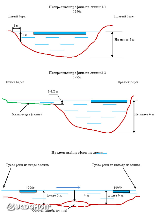 Рис. 6. Приблизительные профили дна реки Мжа с привязкой к ним расположения ледяных кругов.