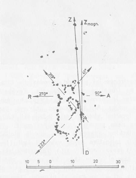 Рис. 5. План Циравско-Дуналкского каменного комплекса. Показаны некоторые возможные астрономические направления, которые получены в результате палеоастрономического анализа.