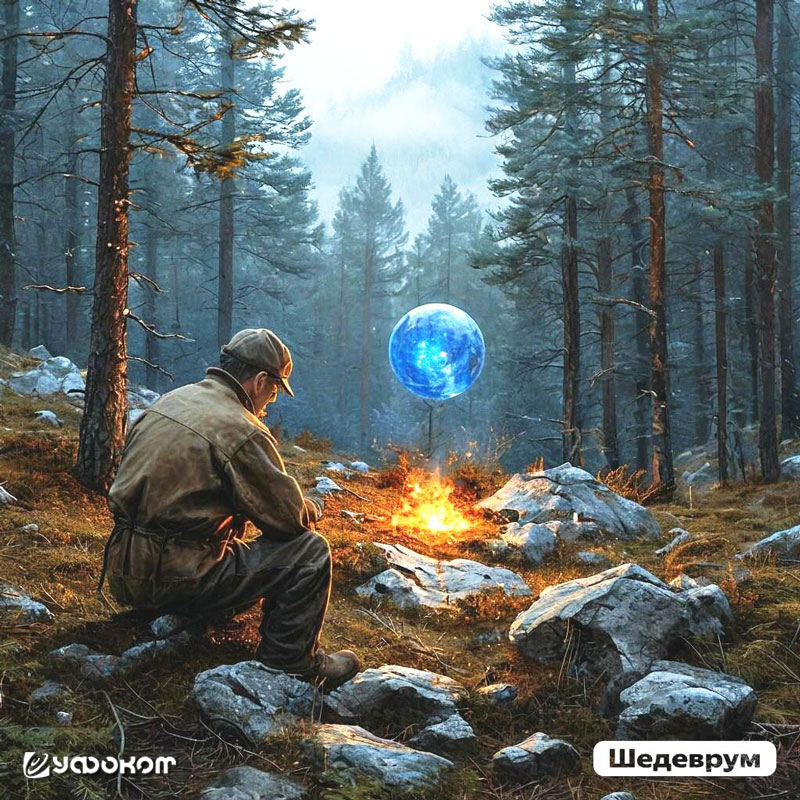 В.И. Степанов в окрестностях урочища Чуроккайка на Самарской Луке в пламени костра наблюдает за появлением огненного шара. Рисунок-реконструкция выполнен с помощью нейросети в 2024 году. В.И. Степанов в окрестностях урочища Чуроккайка на Самарской Луке в пламени костра наблюдает за появлением огненного шара. Рисунок-реконструкция выполнен с помощью нейросети в 2024 году.