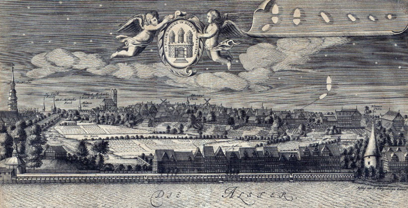 Рис.1. Предполагаемое падение метеорита в Гамбурге 16 июля 1665 г. Гравюра из книги С. Любенецкого «Theatrum cometicum» (1665 г.).