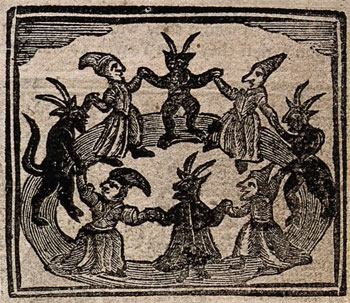 Ведьмы и черти танцуют в кругу, гравюра из книги «Полная история маги, волшебства и колдовства» (1720).  