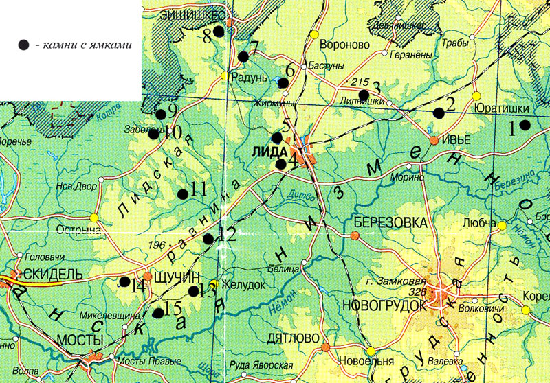 Рис. 6. Схема размещения камней с ямками на участках Лидской равнины. Нумерация камней на схеме соответствует нумерации на рис. 4.
