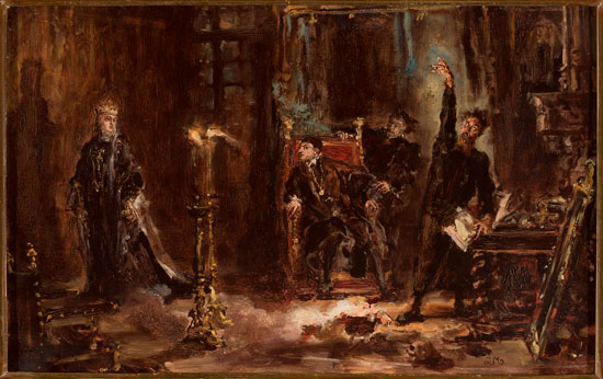 «Twardowski wywołujący ducha Barbary przed Zygmuntem Augustem» («Твардовский вызывает дух Барбары перед Сигизмундом Августом»). Ян Матейко, эскиз, 1884 год. «Twardowski wywołujący ducha Barbary przed Zygmuntem Augustem» («Твардовский вызывает дух Барбары перед Сигизмундом Августом»). Ян Матейко, эскиз, 1884 год.