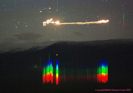 Спектральный анализ ночных огней, зафиксированный над долиной Хессдален (Норвегия). Объект преодолел расстояние в 10-15 км за несколько секунд