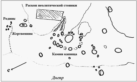 План расположения культовых камней в урочище Купа (Криница, Купавина). Составлен автором весной 1994 г.