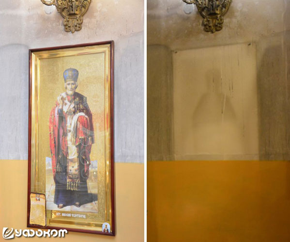 Под нижней частью иконы Николая Чудотворца, находящейся над окрашенной частью стены, изображение не закрепилось.