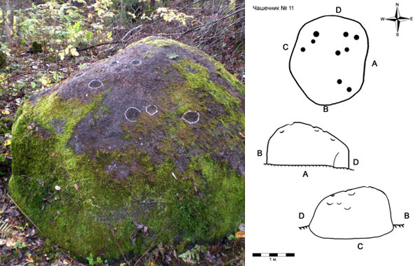 Рис. 9. Слева: камень с 7 чашками (вид с юга, фото В. Акулов, 2012). Справа: схема камня 3, составленная Д. Курдюковой в октябре 2012 года.