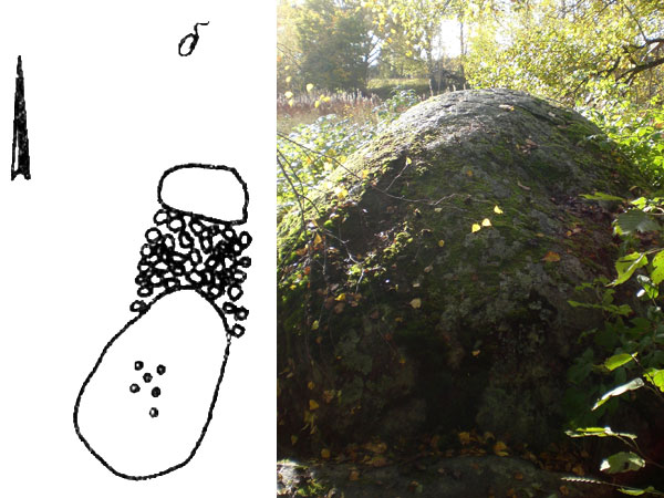Рис. 11. Слева: схема камня «Ольховка-16» (по А.В. Курбатову). Справа: современное состояние камня «Ольховка-16» (вид с юга, фото В. Акулов, 2012).