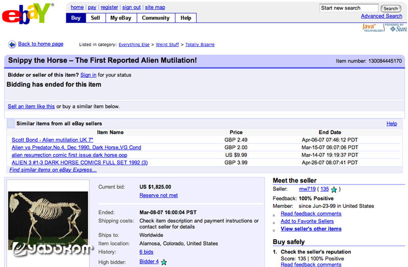 Неудачный исход торгов на eBay, прекращенных 8 марта 2007 г.