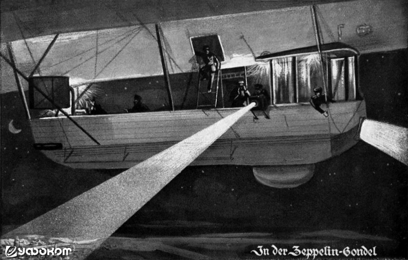 «В гондоле цеппелина» – германская открытка (1915). «В гондоле цеппелина» – германская открытка (1915).