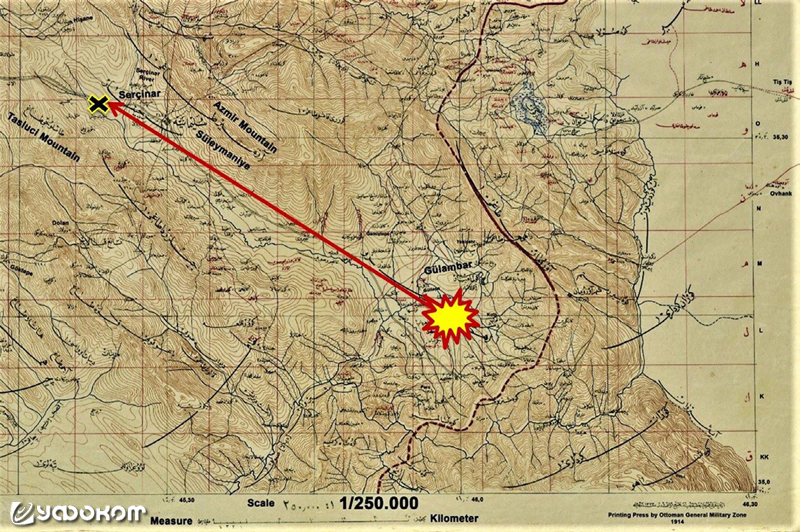 Рис. 4. Старая карта, показывающая зону падения. Гюламбар и Сарчайнар нанесены на карту нами. Крестик в конце возможной траектории метеора (нарисованной на основе описаний в исторических рукописях) указывает приблизительное местоположение человека, которы