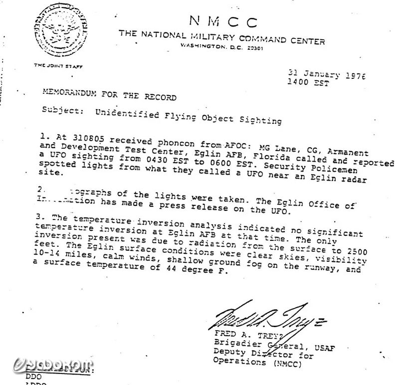 Документ из архива NMCC об инциденте на авиабазе Эглин. (Рассекречено согласно FOIA).