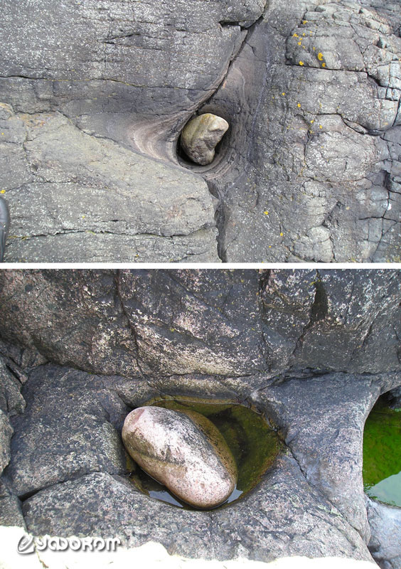 Рис. 4. Два примера природного механизма высверливания котлов в прибойной полосе на острове Гогланд, фото автора, 2017 год.