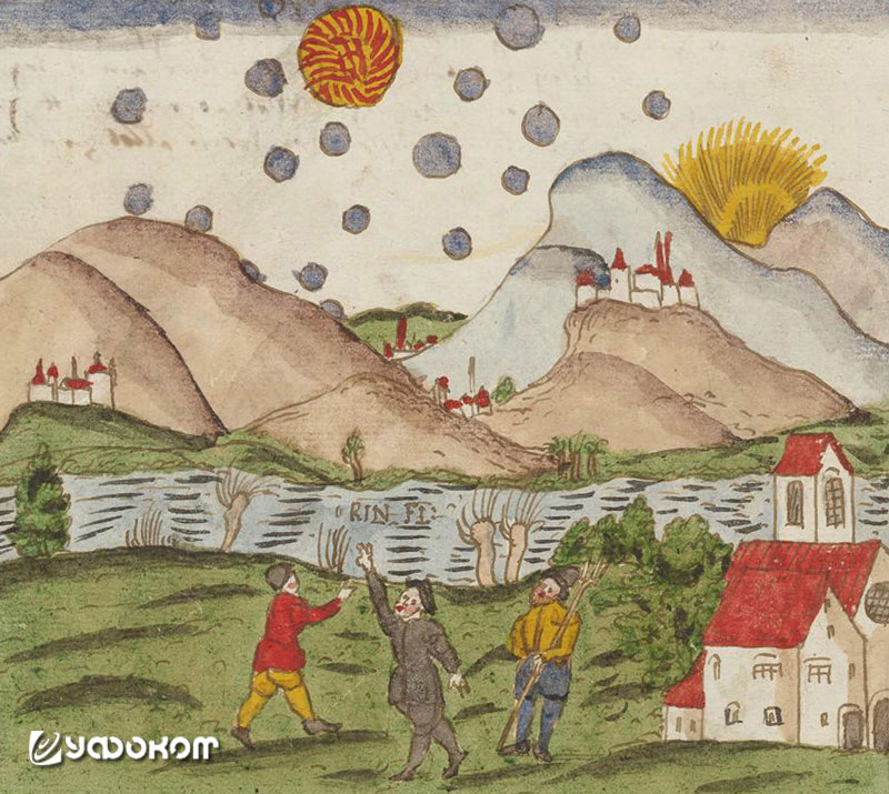 «Солнечные шары» и раньше видели над Дюбендорфом в Швейцарии. Этот рисунок иллюстрирует наблюдение в апреле 1583 года (Wickiana). 