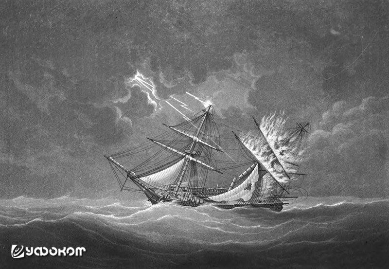 Фрегат «Thisbe», пораженный молниями 4 января 1786 г. у берегов Ирландии. Судно с трудом удалось спасти, поставив временные мачты вместо утраченных.