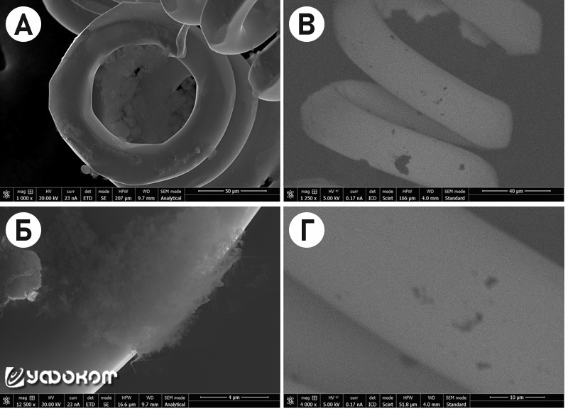 Рис. 10. РЭМ-изображения образцов при напряжении 30 кВ (режимы детектирования вторичных и обратно-рассеянных электронов): A, Б – детектор ETD; B, Г – детектор ICD.