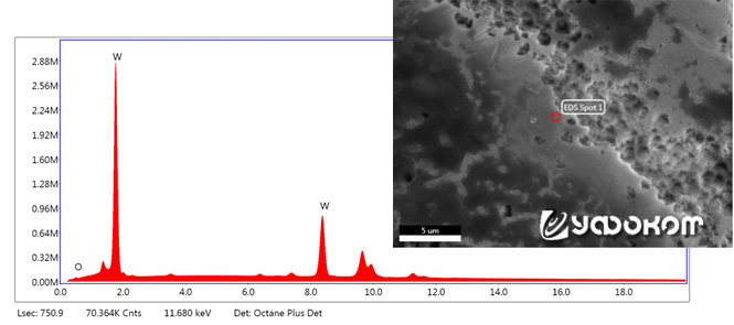 Рис. 6. Один из графиков распределения элементов в образце (по данным энергодисперсионного рентгеновского микроанализа), выполненного при 15 кВ. Справа – участок, где выполнено измерение.