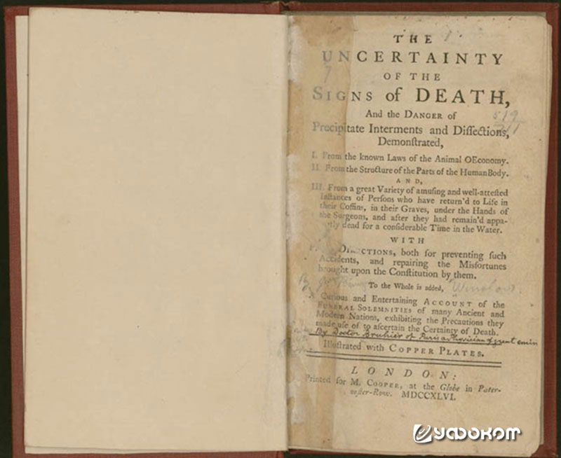 Книга доктора Якоба Уинслоу «Неопределенность признаков смерти и опасность поспешного погребения или вскрытия» (1746).