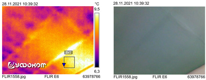 На термограмме видны металлические профили для крепления гипсокартона. На фотографии видно, что осаждение копоти непосредственно над профилем идет более активно. Bx1 – 8,5 °С, коэффициент излучения – 0,95, отраж. темп. – 6 °С.