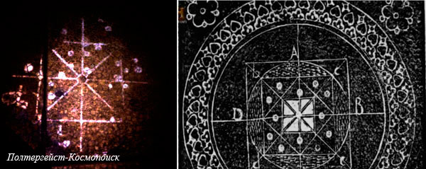 Рис. 2.7. Анализ изображения на тротуарной плитке из г. Гудермес: а) искомое изображение, появившееся на плитке; б) фигура «Geometra» Джордано Бруно.