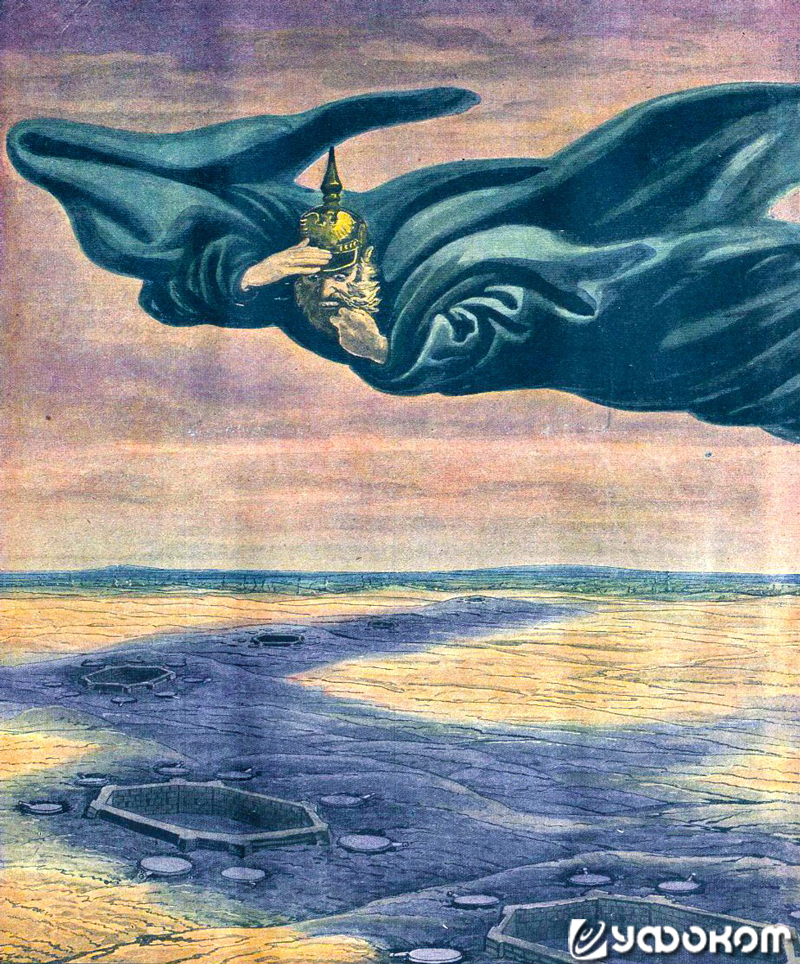 Аллегорическое изображение германского воздушного шпионажа. Рисунок с обложки иллюстрированного приложения к французской газете «Le Petit journal» от 22 февраля 1914 года.