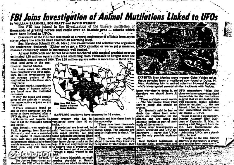 Рассекреченные файлы ФБР в основном содержат ксерокопии газетных статей и переписку по теме увечий за период 1974–1978 годов: https://vault.fbi.gov/Animal%20Mutilation.