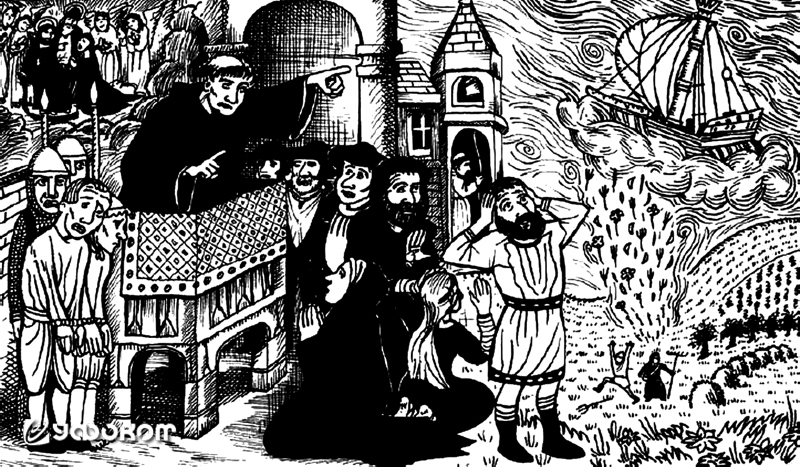 Агобард проповедует о вызывателях бурь и облачных кораблях Магонии. Стилизованный под средневековую миниатюру рисунок Бенуа Ру к статье Жана-Луи Бродю «Магония уже не та, что прежде...» во французском уфологическом журнале «OVNI Presence» за июль 1994 год