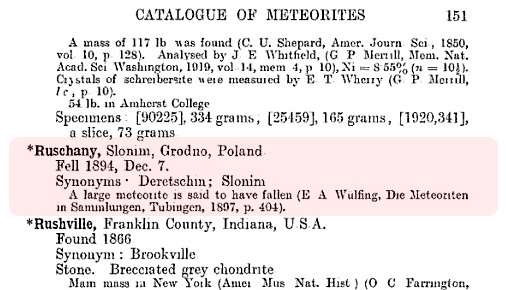 Фрагмент каталога Прайора 1923 г., с информацией о метеорите Ружаны