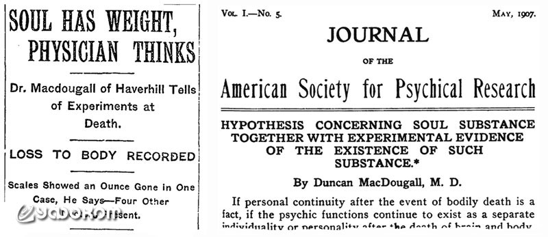 Статья д-ра Дункана Макдугалла. Слева – заголовки в газете «The New York Times» от 7 марта 1907 г. («Душа имеет вес, считает доктор»).