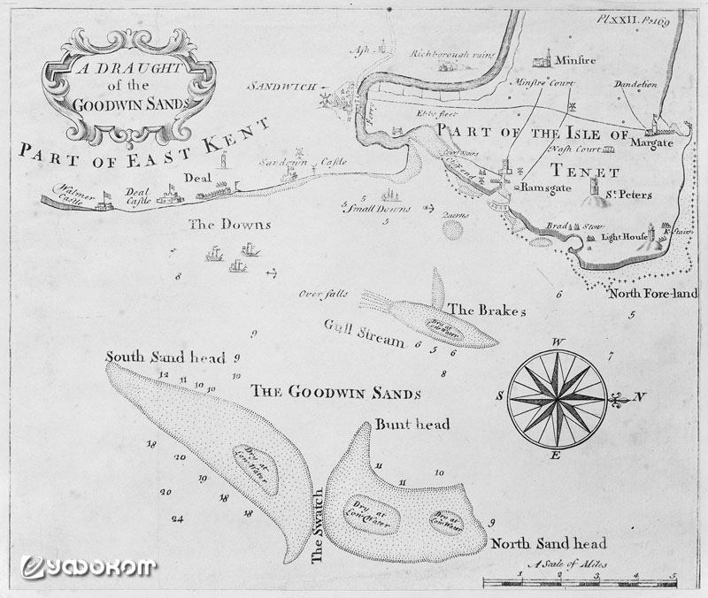 Чертеж Гудвинских песков, выполненный в 1750 году. Маяк на мысе Норт Фореланд уже существовал, а плавучие маяки вокруг отмелей – еще нет. 