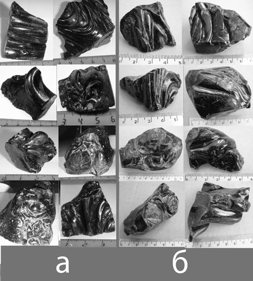 Рис. 2. Образцы тектитов-протванитов (а) и нижегородских тектитов (б).