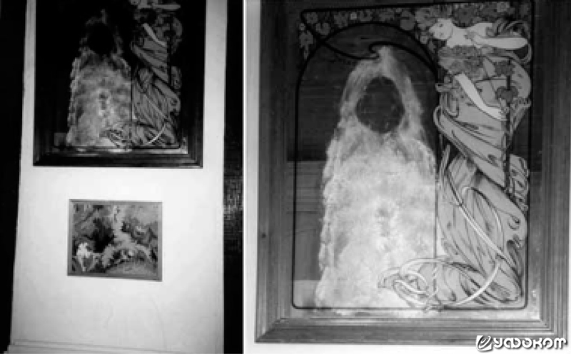 Рис. 7. Монах в зеркале. Скан с оригинала отпечатанной фотографии (слева) и скан с негатива (справа).