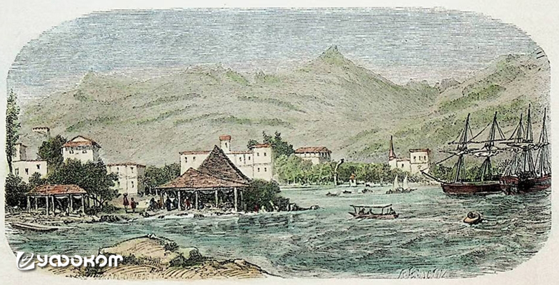 Порт-Луи в середине XVIII в. Раскрашенная вручную гравюра.