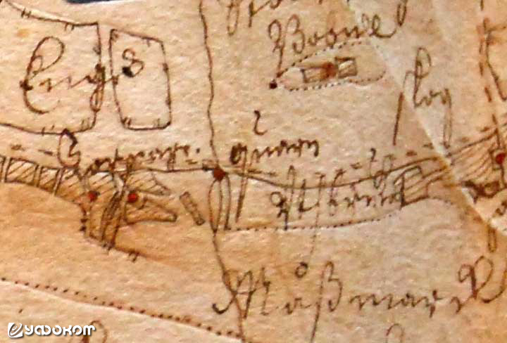 Рис. 10. Район парка Сергиевка на шведской карте 1688 года (П. Торринг). В районе пересечения реки дорогой отмечен дом, выше которого по течению, похоже, уже был пруд. Рис. 10. Район парка Сергиевка на шведской карте 1688 года (П. Торринг). В районе пересечения реки дорогой отмечен дом, выше которого по течению, похоже, уже был пруд.