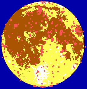 Распределение полутора тысяч КЛЯ по лунному диску согласно каталогу НАСА 1978 г. (компьютерный алгоритм и дизайн А.В. Архипова). Хорошо заметна концентрация феноменов к окраинам морей