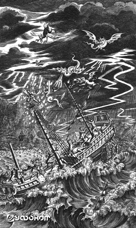 Дух воздуха Ариэль из пьесы Шекспира «Буря» (1610) уничтожает королевский корабль по приказанию мага Просперо на гравюре Киркалла в лондонском издании 1709 года: «…По временам делился сам на части / И падал вдруг на многие места; / На стеньги, марс, на ре