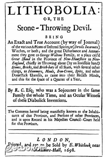 Первая страница брошюры «Литоболия или дьявол, бросающий камни», напечатанной в 1698 году.