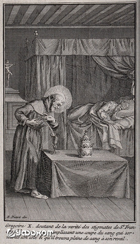 Святой Григорий, усомнившийся в стигматах Франциска Ассизского, видит во сне святого Франциска, наполняющего чашу своей кровью. Гравюра Б. Пикара, 1732 год.