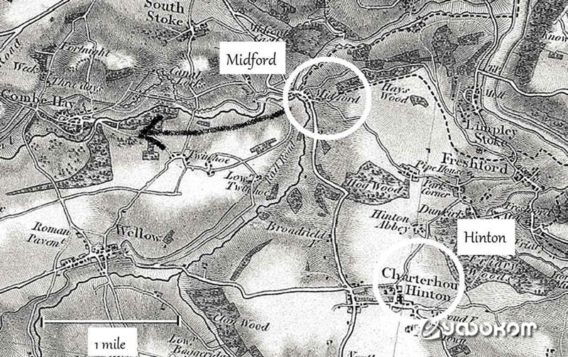 Карта места наблюдения в Мидфорде, показывающая вероятное направление удаления объекта на запад по маршруту старого угольного канала Сомерсета (Ordnance Survey, 1817).